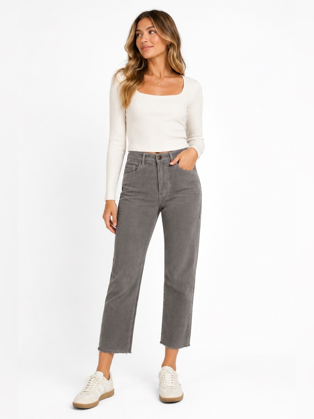 NWT Loft The Straight Crop High Rise Curvy Raw Hem Grey Corduroys